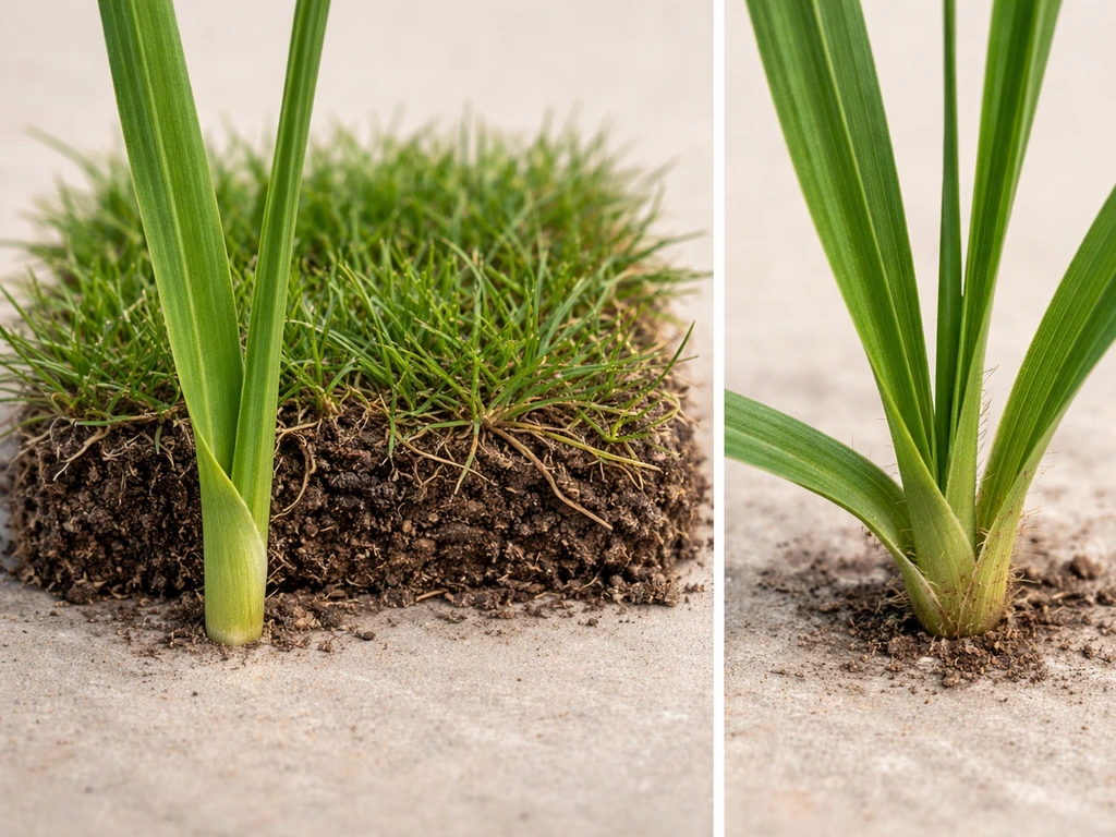Close-up van twee grasdetails naast elkaar, met verschil in bladvoet en bladopbouw zichtbaar.