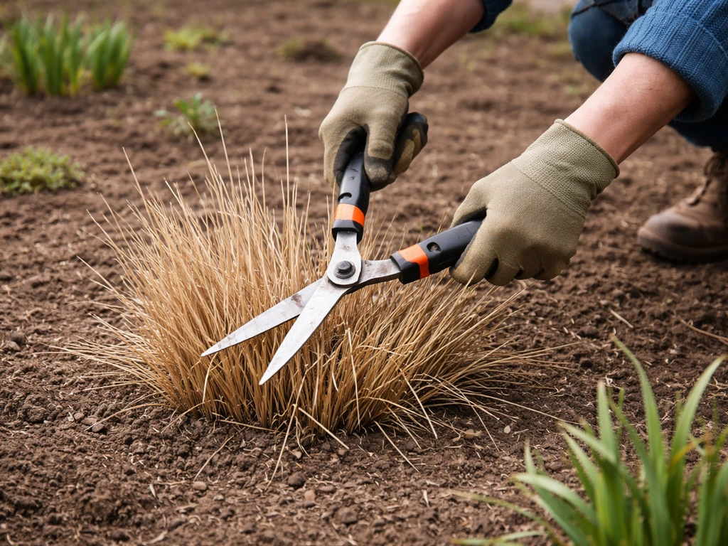 Anonieme tuinier knipt uitgebloeide siergraspolletjes terug met een bladschaar in het voorjaar.