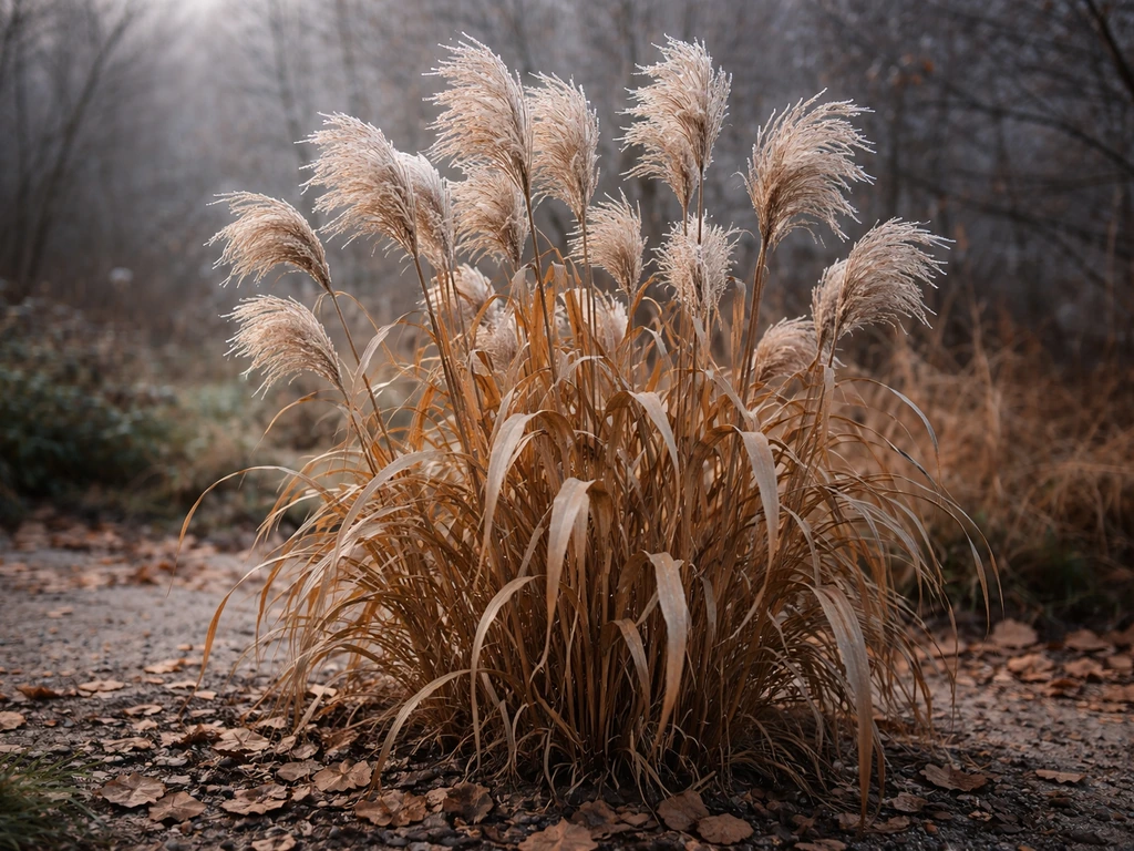 Herfstige tuinplant met pluimen en droog blad, met een subtiele winterse sfeer op de achtergrond.