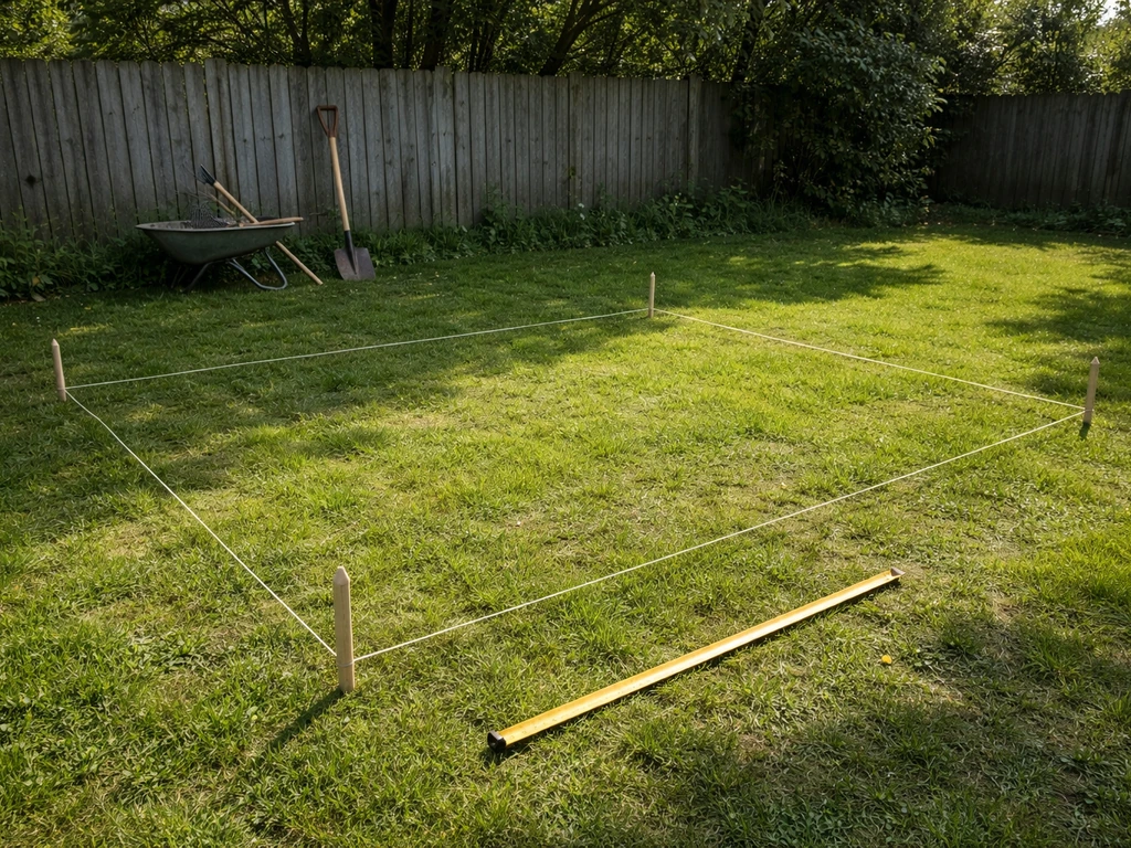 Tuinperceel met meetlint en kleine markeringen om de zon- en schaduwlucht op een grasplek te beoordelen