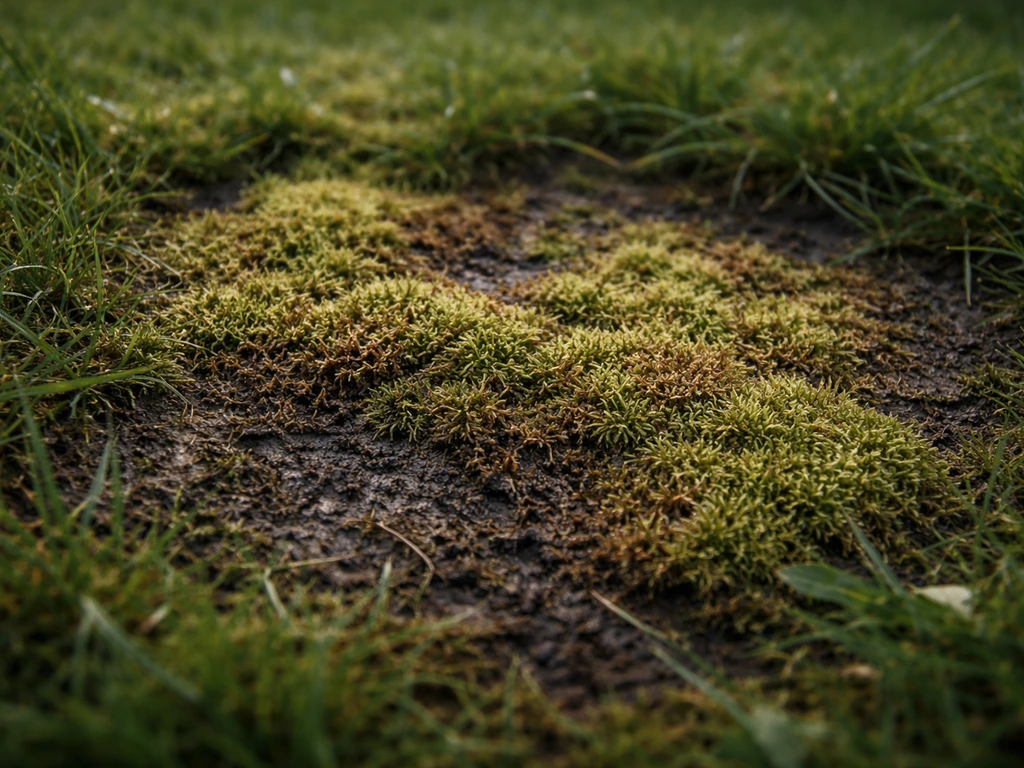 Mos dat opkomt tussen gras in een gazon, in vochtigere en compactere zones met groen/bruine plekken.