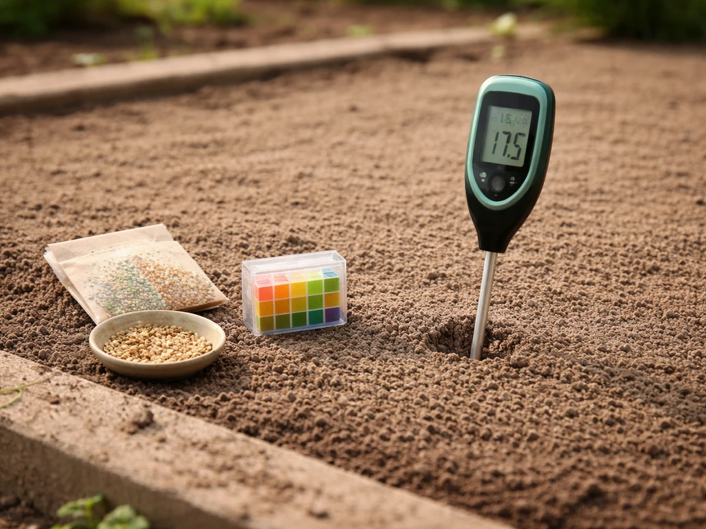 Aangerold zaaibed met bodemtemperatuurmeter, pH-teststrookjes en zaadmengselpakket als snelle checklist.