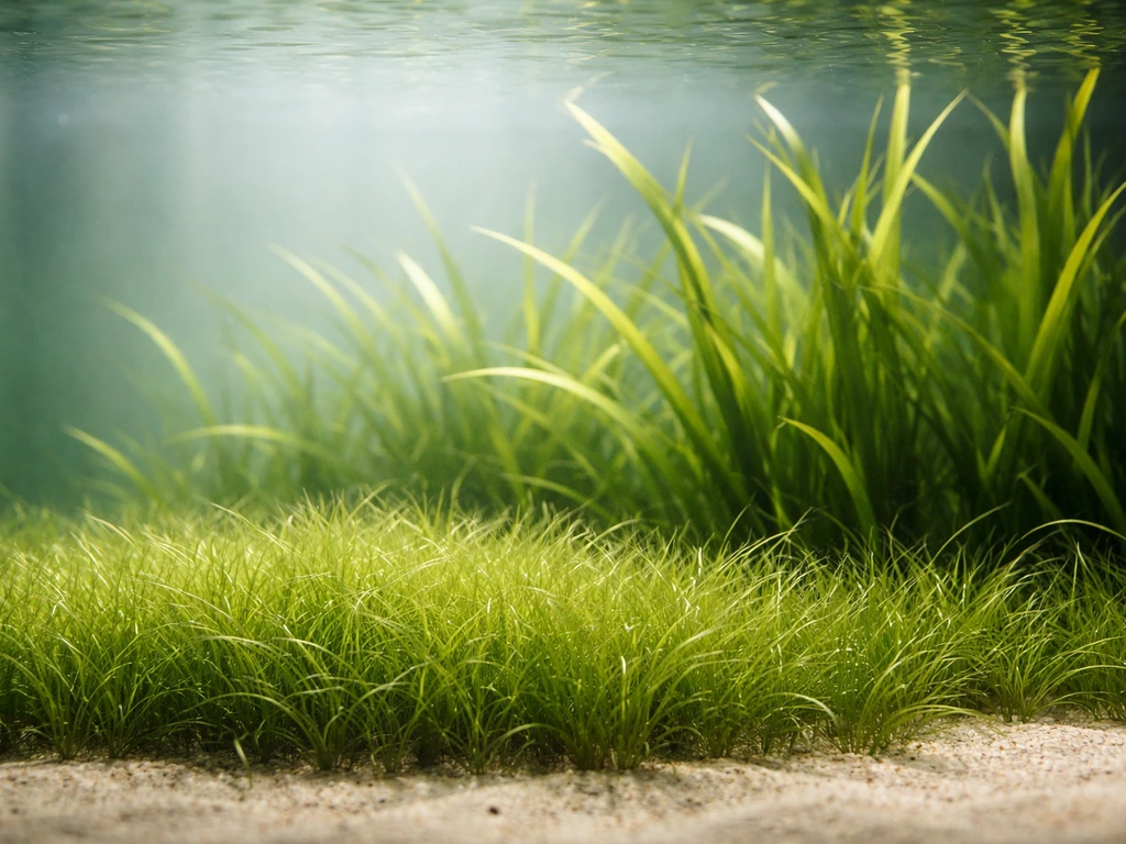 Minimalistisch aquarium met voorgrond tapijtgras en hoger grasachtige planten in midden/achtergrond.