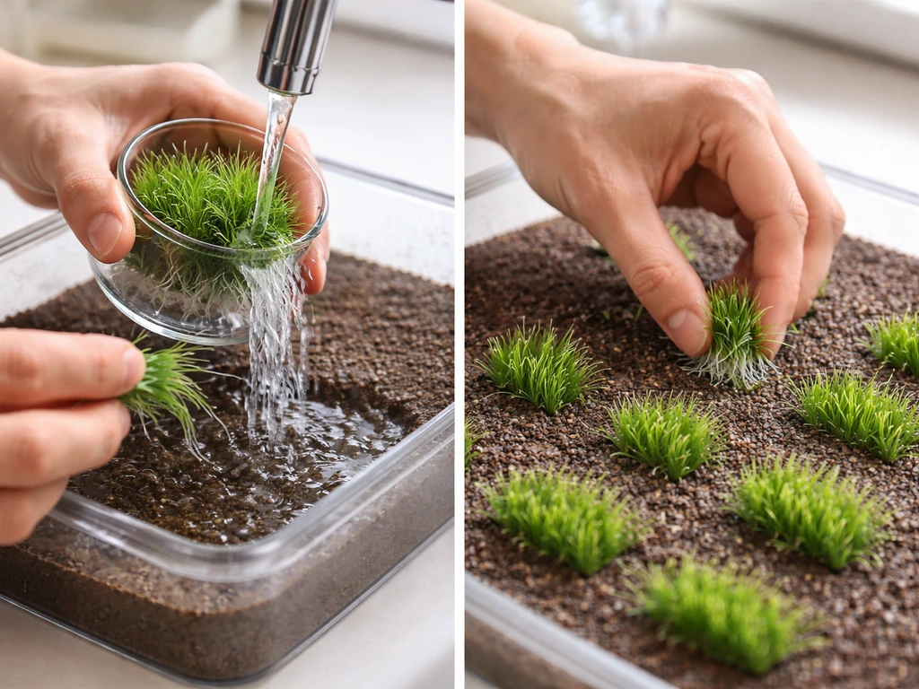 Close-up van het uitpakken en afspoelen van in-vitro grasplantjes en ze in fijn substraat leggen