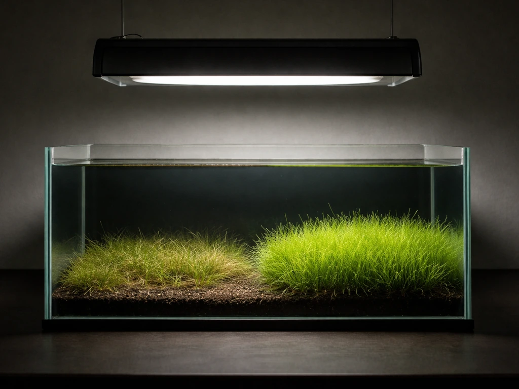 Aquariumbak met LED-lamp erboven en een dicht en een minder dicht grasstuk als belichtingscontrast.