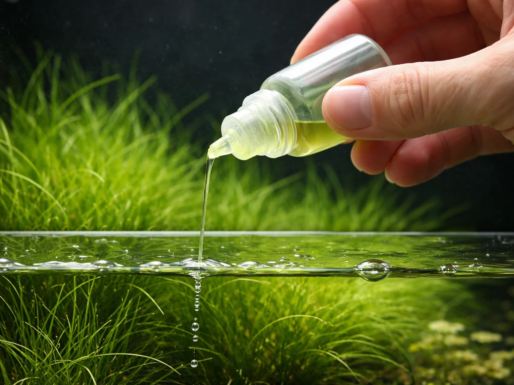 Hand giet aquariumvloeistof in terwijl dicht grasachtig plantentapijt op de achtergrond staat.