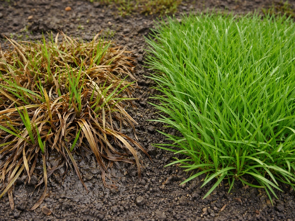 Links afstervend gras met bruine, rottende bladsprieten; rechts gezond, herstellend gras na overgangsperiode.