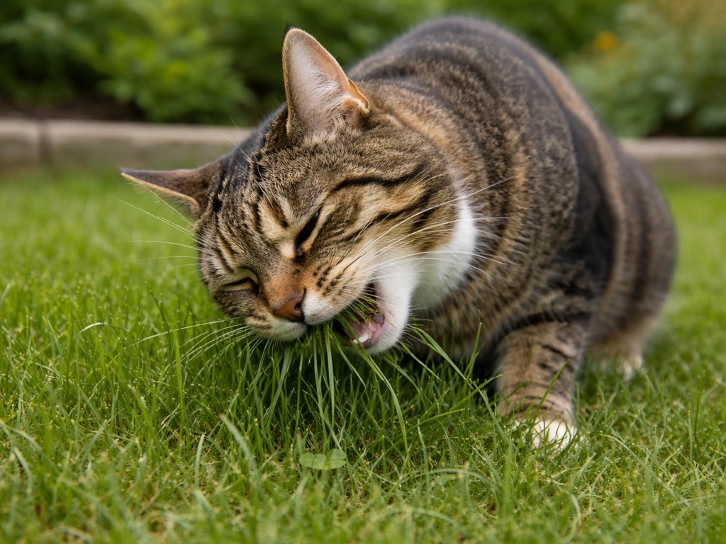 Kat eet gras in een Nederlandse tuinrand, close op het moment met helder daglicht.