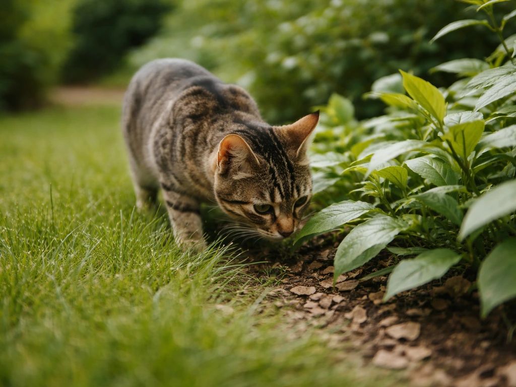 Kat snuffelt in het gazongras en tussen lage tuinplanten in een rustige, natuurlijke tuin