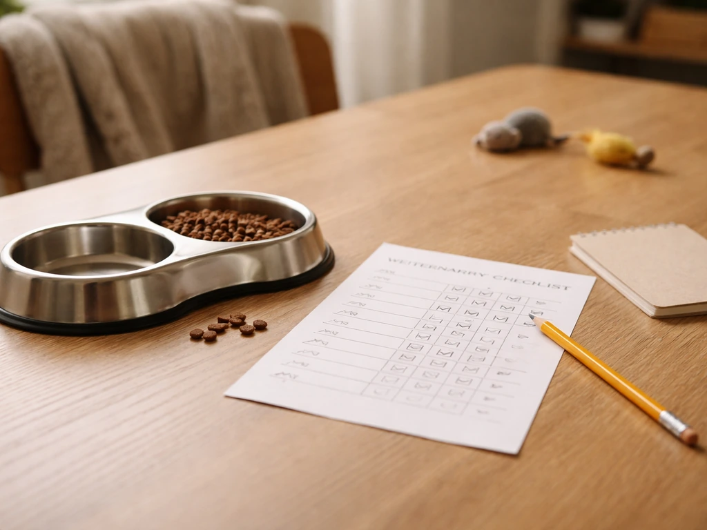 Huiselijke foto van een kattenvoerbak met een checklist-papiertje en notities op tafel, naast kattenspeelgoed.