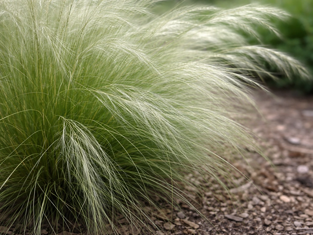 Macro-detail van de draadachtige bladeren en luchtige zilvergroene aren van ponytailgras (Stipa tenuissima).