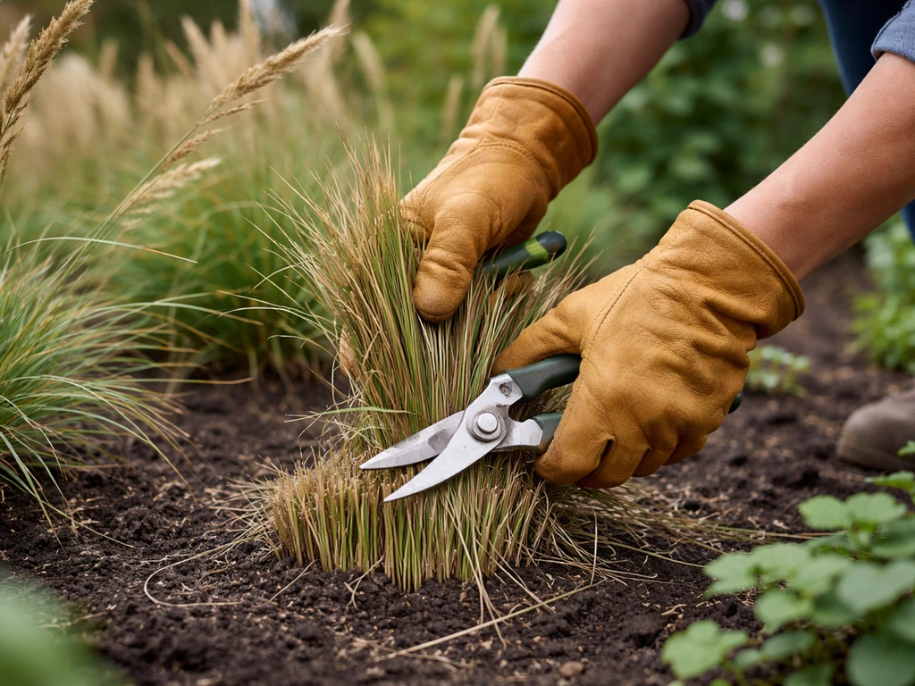 Tuinier knipt siergras (Stipa) terug tot 10–15 cm met tuinhandschoenen en scherp snoeigereedschap