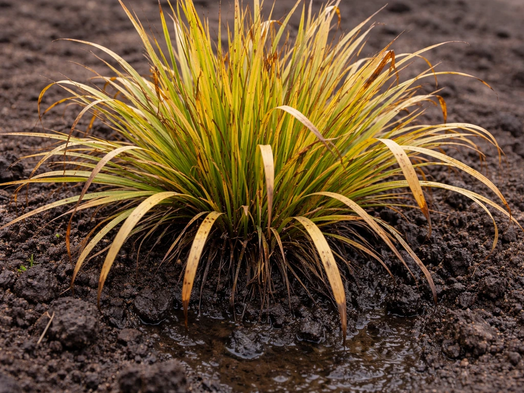 Close-up van vergeelde siergrasbladeren met natte, donkere grond rond de voet van de plant