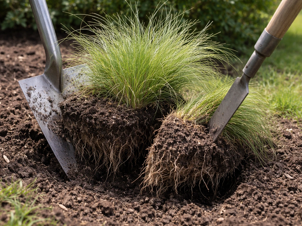Siergraspol wordt met spade uit de grond gelicht en de kluit wordt in meerdere delen gesplitst.