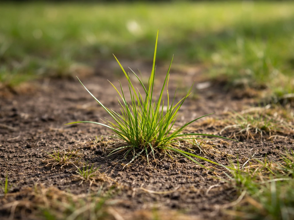 Close-up van wild gras dat uitloopt tussen kale plekken in de grasmat, met zichtbare plantbasis