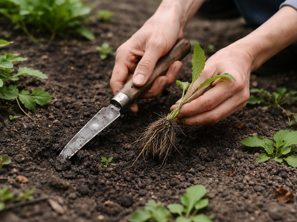 Handen en smal hakmes die jonge wilde grasspruit met wortelkluit losmaken in een tuinbed