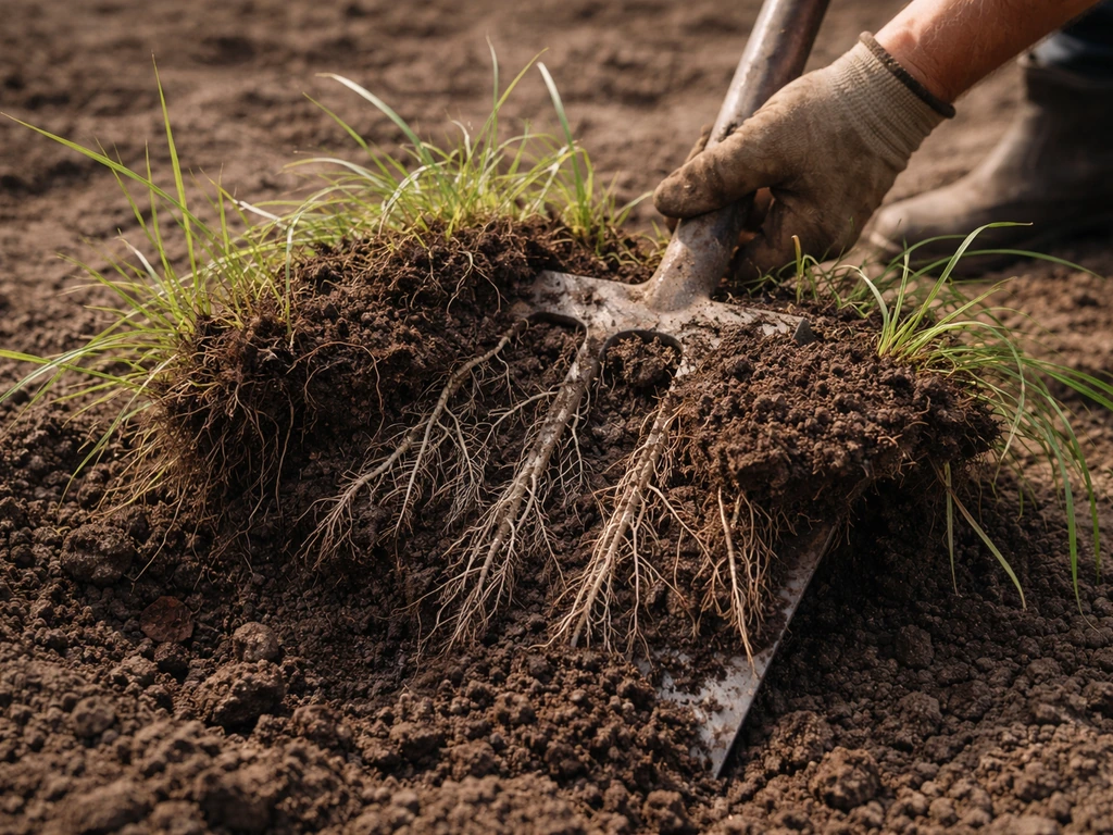 Tuinier graaft en steekt kweekgras uit met een brede spade, met zichtbare witte wortels in de grond.