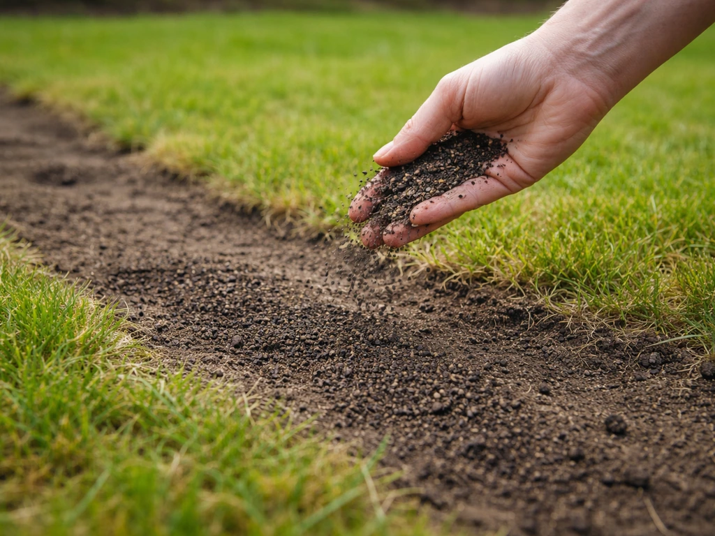Kale plek in het gazon waar graszaad en teelaarde wordt uitgestrooid voor herstel.