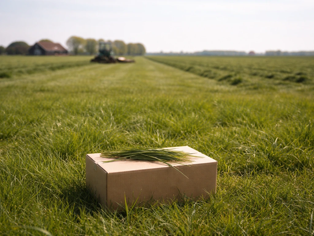 Nederlandse graslanden met maaibeheer en een geanonimiseerd monsterdoosje als symbool voor droge stof (ds).