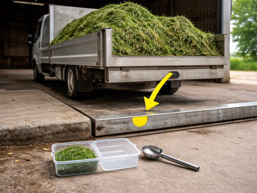 Boerderijweegschaal op een laadbak met grasmonsters; overzicht van berekening kg ds/ha zonder tekst.
