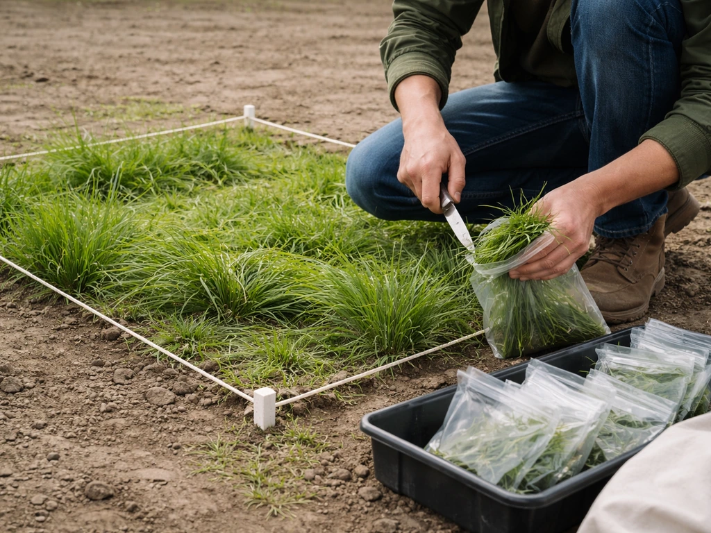 Persoon neemt grasmonsters uit een afgebakend proefvak en verzamelt ze in zakjes voor droge-stofanalyse.