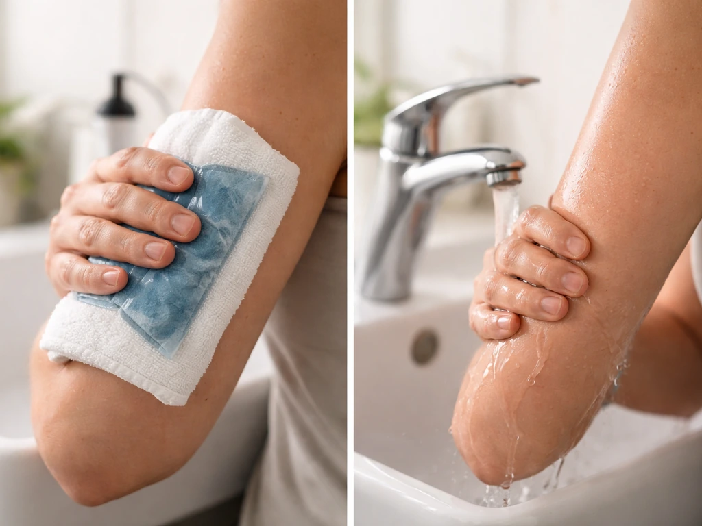 Anonieme handen koelen een huidplek met een koelelement en spoelen daarna met lauw water.