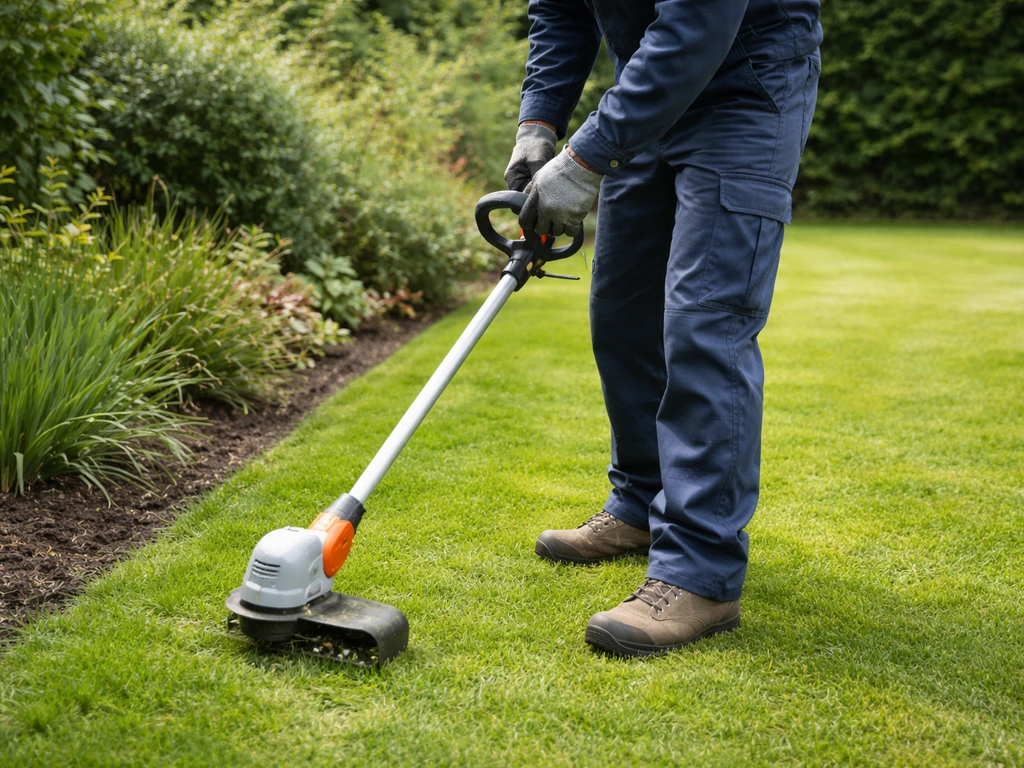 Anonieme tuinier in lange mouwen, lange broek en tuinhandschoenen werkt in het gras met grastrimmer.
