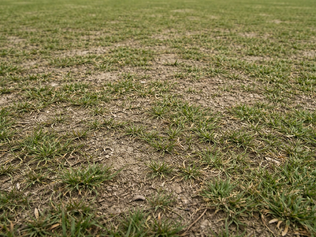 Close-up van verdichte, platgedrukte grasmat op een intensief gebruikt sportveld met zichtbare slijtage.