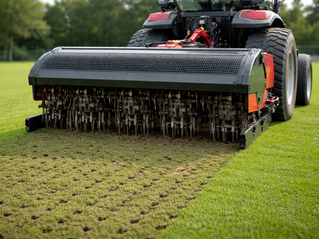 Sportveldbeluchtingsmachine die het gras topbelucht, met zichtbare verticale perforaties in het veld.
