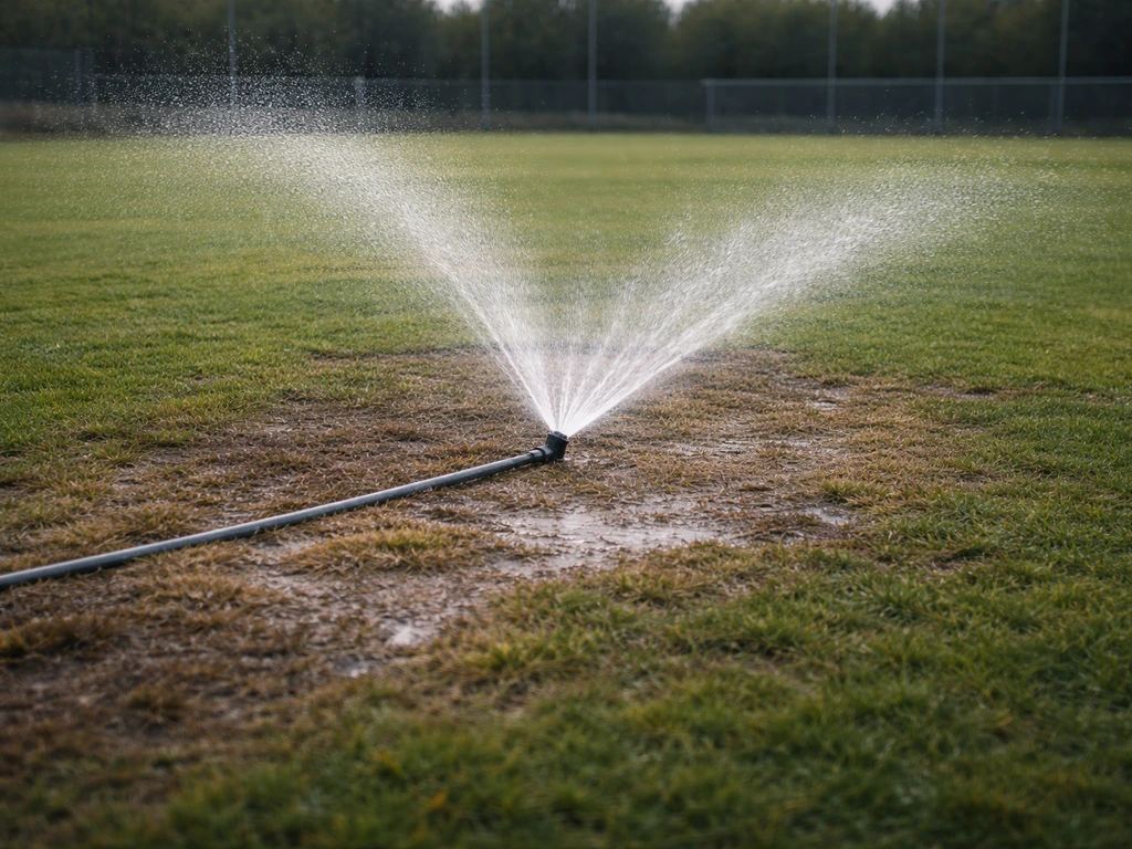 Gerichte beregening op een sportveld met een kale/doorzaai-zone en zichtbare, niet-overmatige waterverdeling.