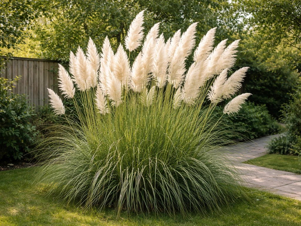 Cortaderia gras (pampagras) in volle bloei met dichte pol en witte pluimen in een Nederlandse tuin.