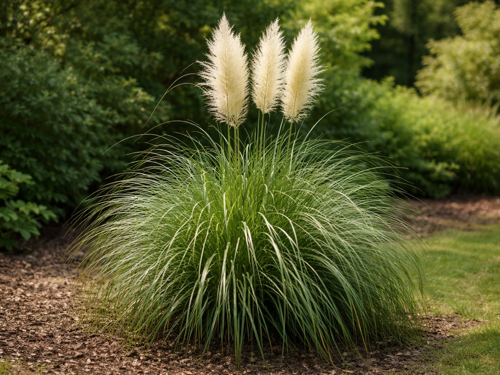 Close-up van pampagras (cortaderia) in een tuin met smalle bladeren en sierlijke pluimen.