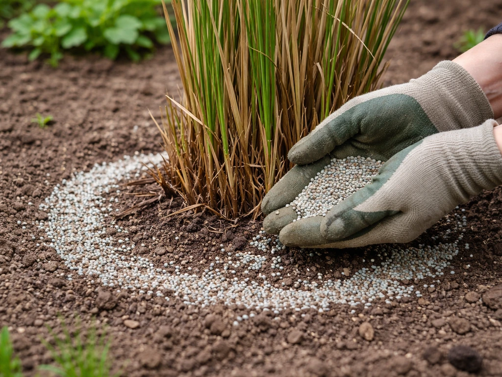 Tuinhandschoen die langzaamwerkende korrelmeststof strooit rond de basis van pampagras, voorjaar, zonder bladeren te rak
