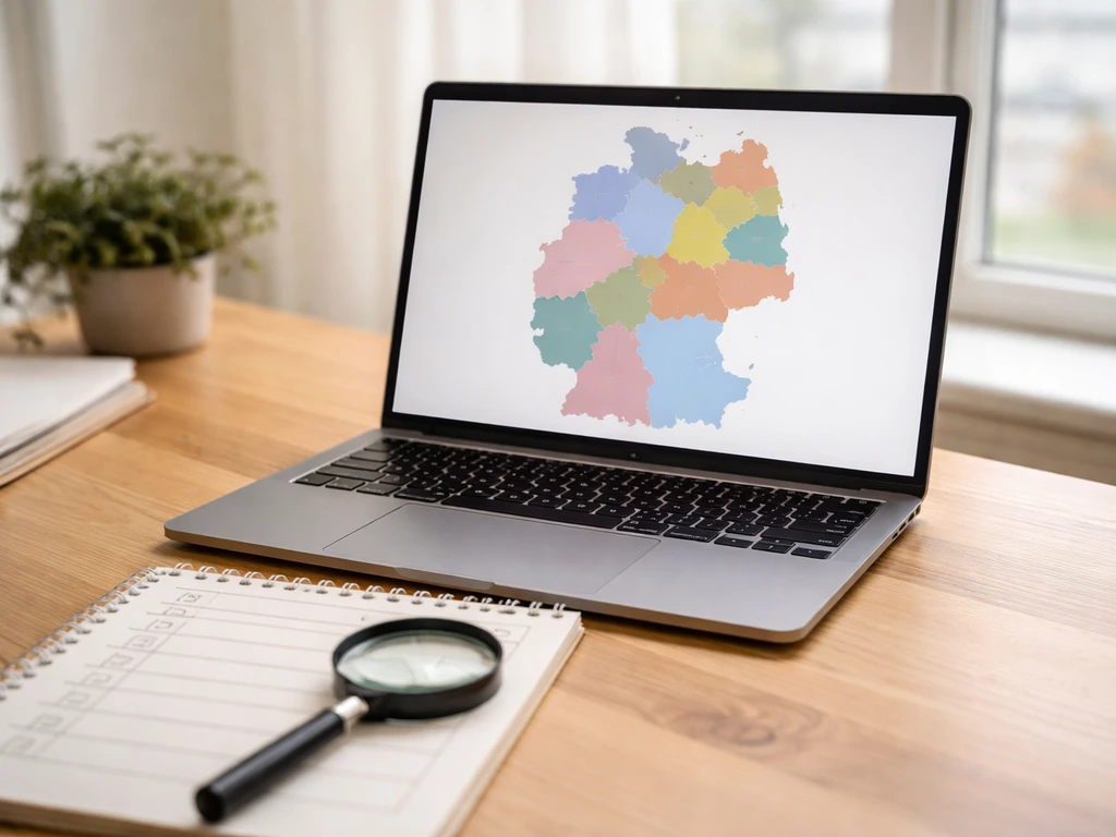 Minimalistische kaart-achtige visualisatie van Duitsland met 16 deelstaten, gericht op snel vergunning checken