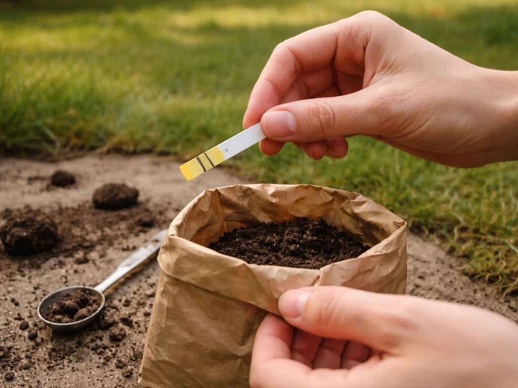Hand houdt pH-teststrook boven open zakje met aarde, gras in achtergrond—bodem-pH meten in het veld.