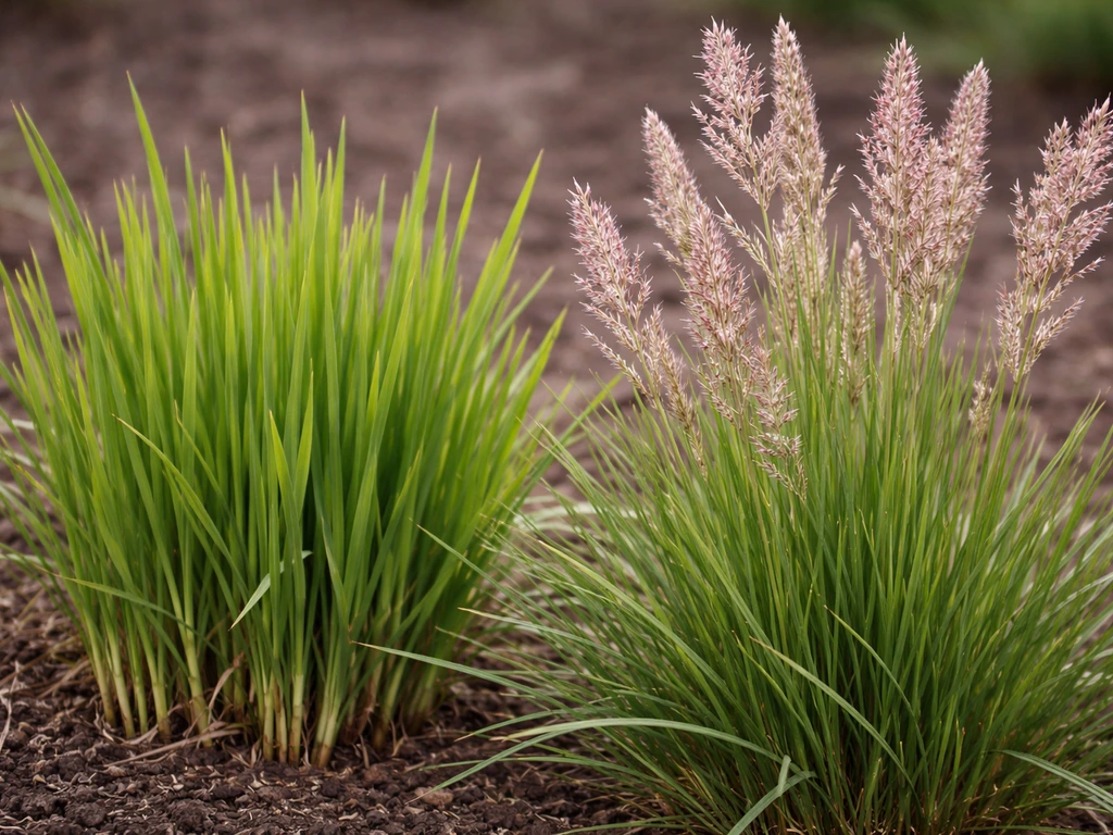 Calamagrostis (struisriet) met jonge groene halmen en vroeg roze-paarsige bloempluimen in één pol.