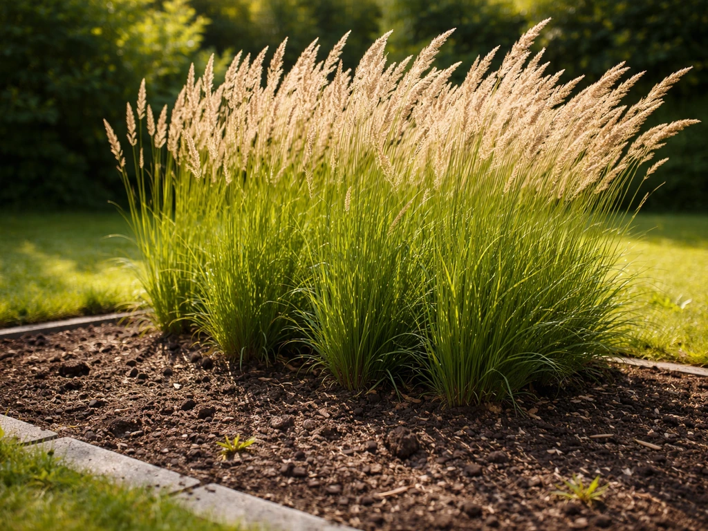 Calamagrostis in een zonnig tuinperkje met zichtbare bodemstructuur en (half)vochtige grond.