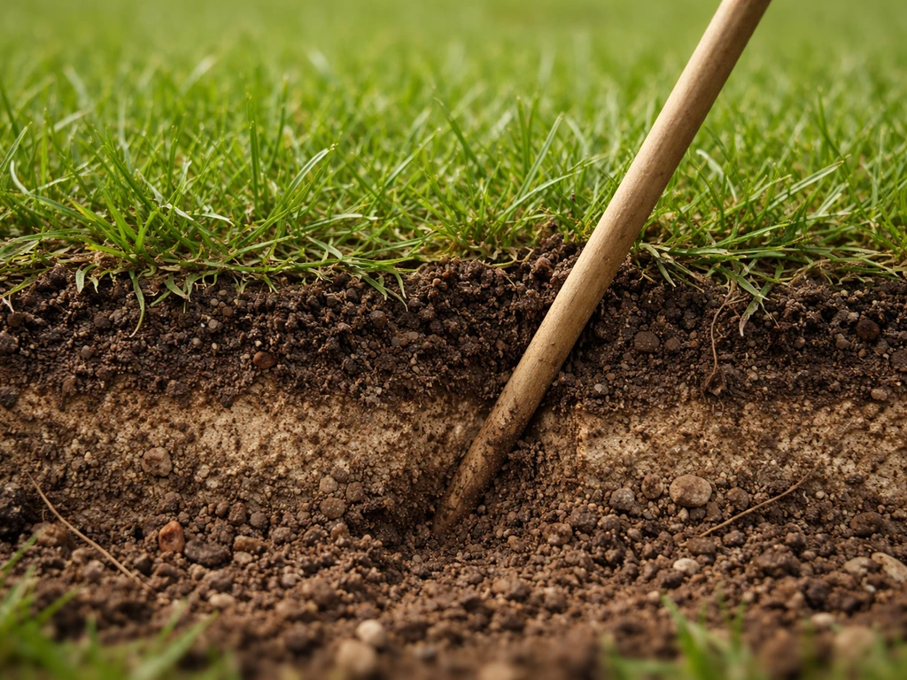 Close-up van gazonbodem met houten stokje dat in harde, dichte grond wordt gestoken