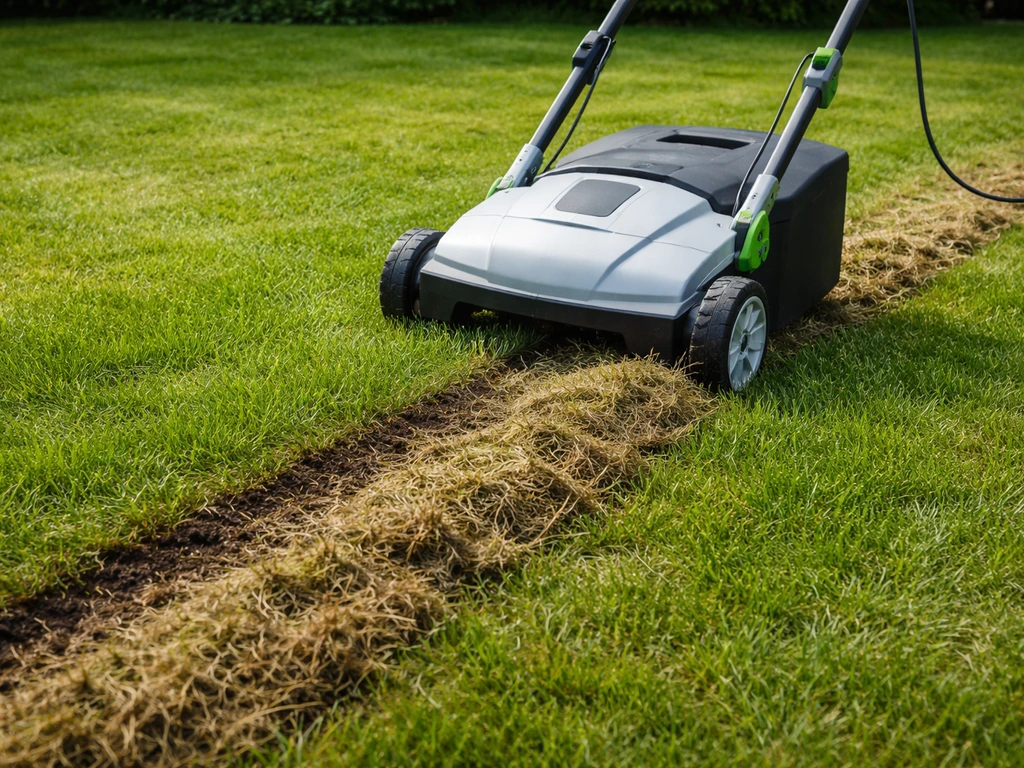Iemand verticuteert een gazon: elektrische verticuteerder die vilt en dode grassprieten uit de grasmat haalt.