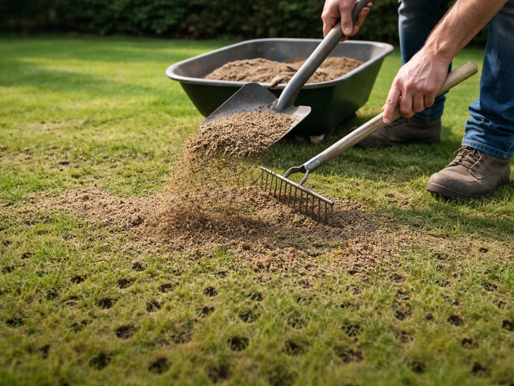 Tuinman brengt met een kruiwagen een dunne laag topdressing aan op een geprikt gazon, licht ingewerkt.