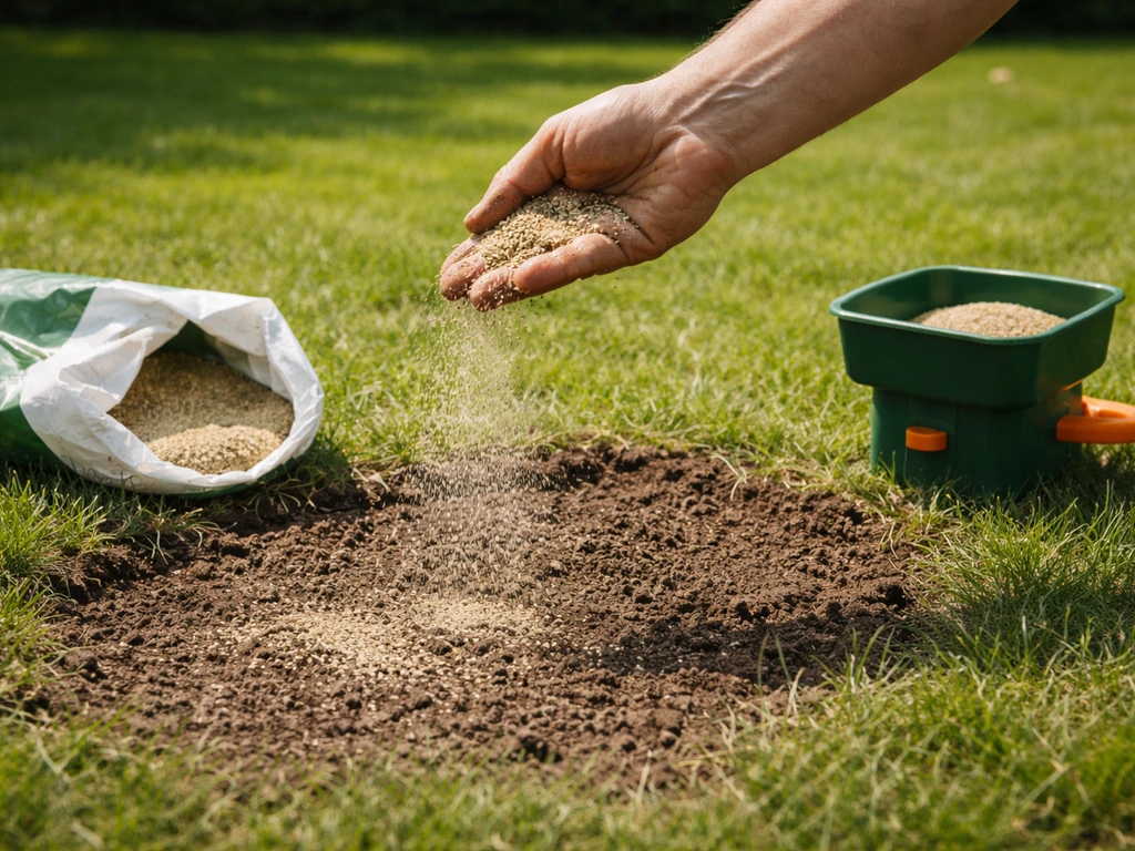 Hand strooit graszaad op een kale plek in het gazon, met een zak graszaad en een eenvoudige strooier op de grond.