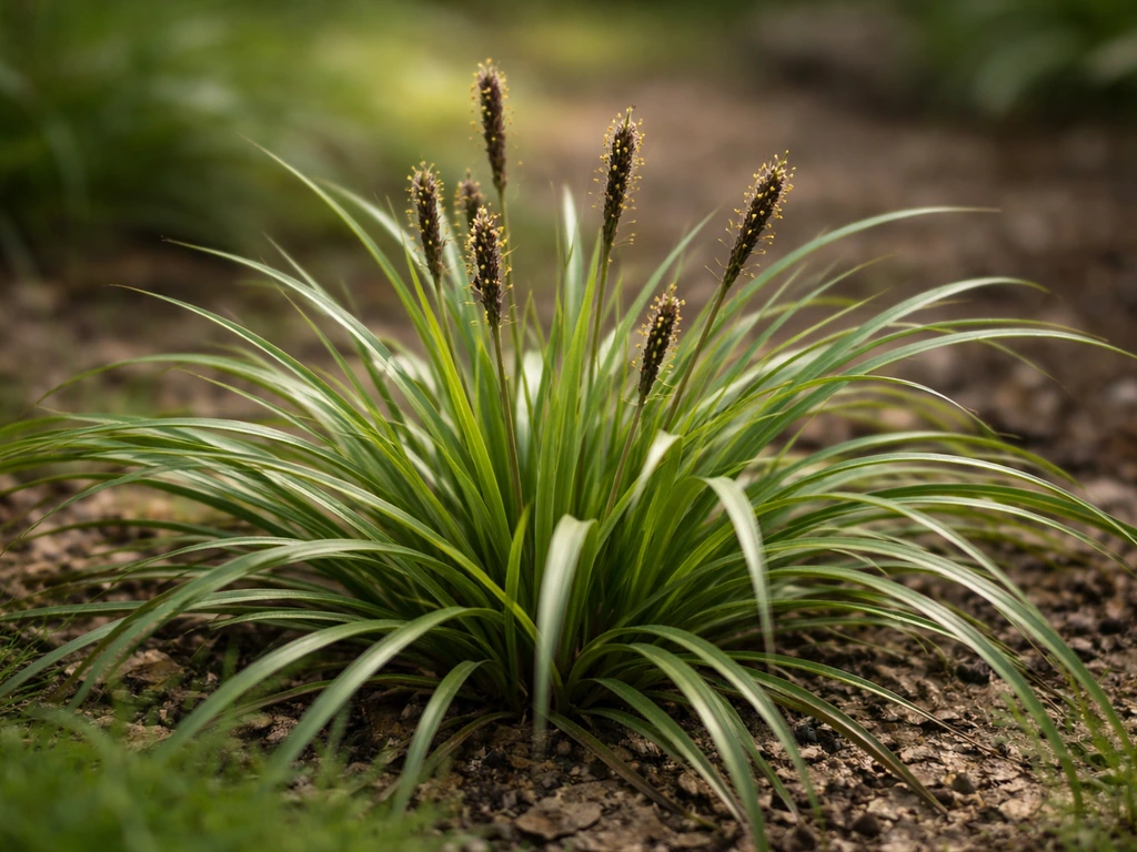 Close-up van Carex (zegge) met smalle lintvormige bladeren en pollen/aren tegen een onscherpe achtergrond.