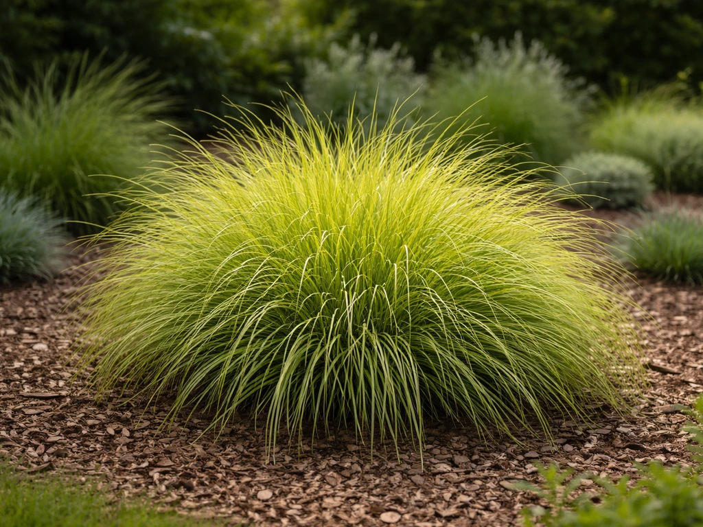 Carex-pol als structuurplant in een tuinborder, scherp op bladtextuur en kleur, rustige achtergrond.