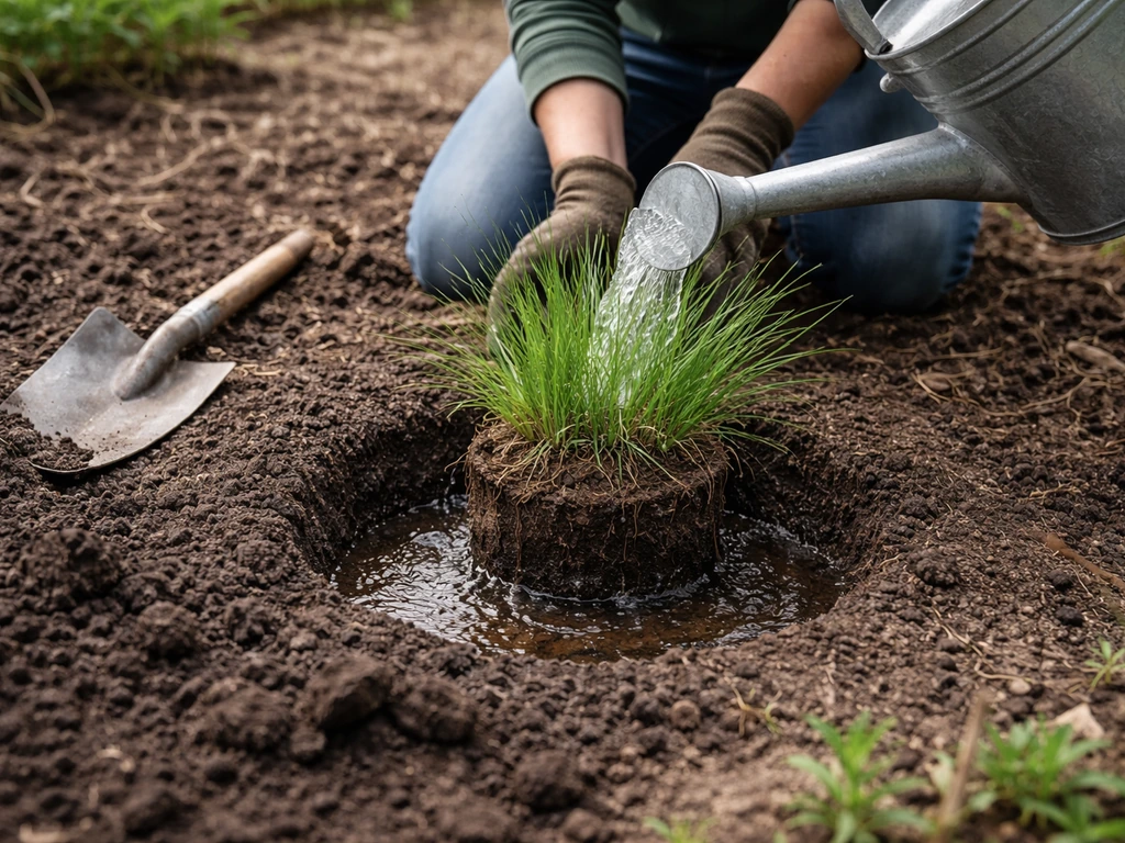 Tuinier legt een pol of kluit in een plantgat en geeft direct water bij het aanplanten.