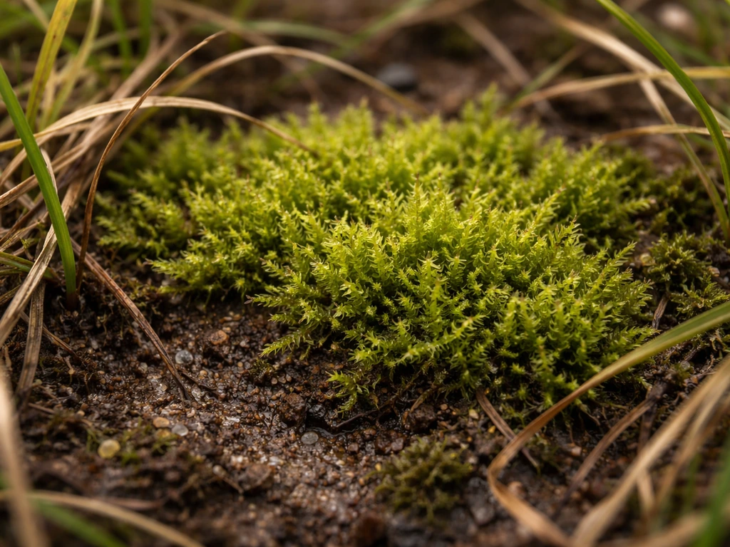 Close-up van mos tussen grassprieten met zichtbare, zure ogende bodemstructuur en vochtige schaduwplekken.