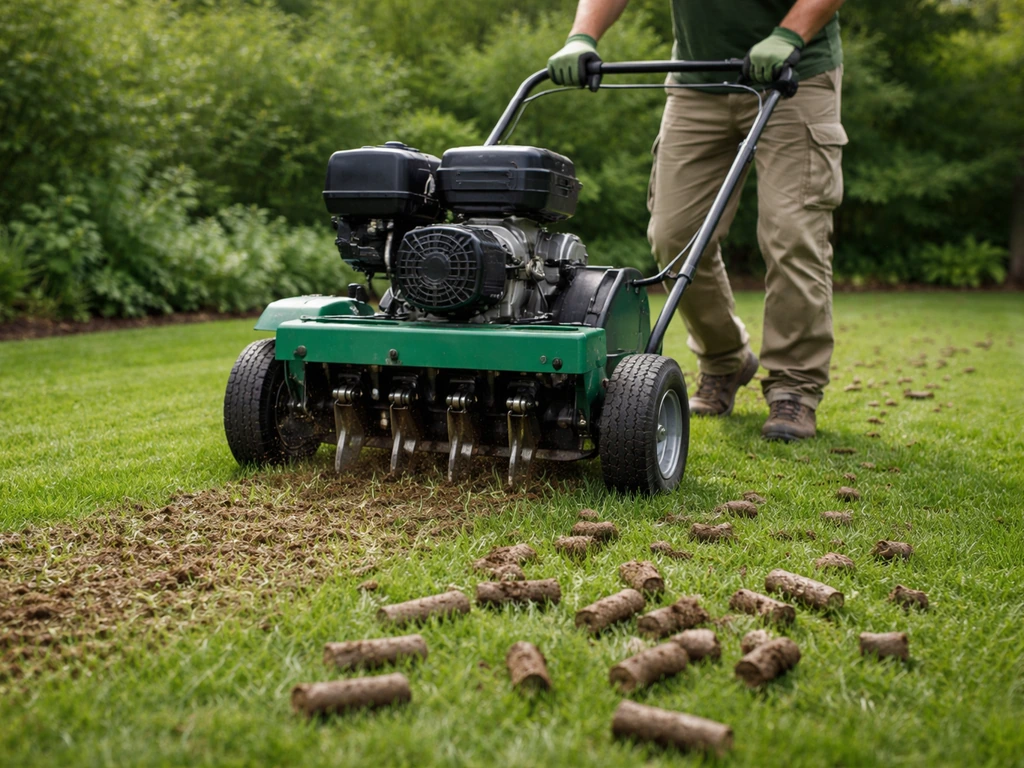 Man bedient een gazonbeluchter; holle pennen trekken bodempropjes uit de grond die naast de machine liggen.