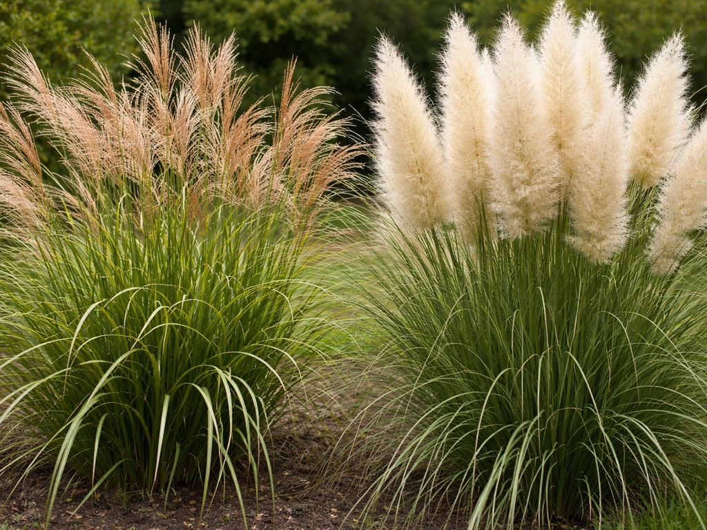 Close-up van miscanthus en pampasgras in de tuin, met zichtbare bladstructuur en pluimen.