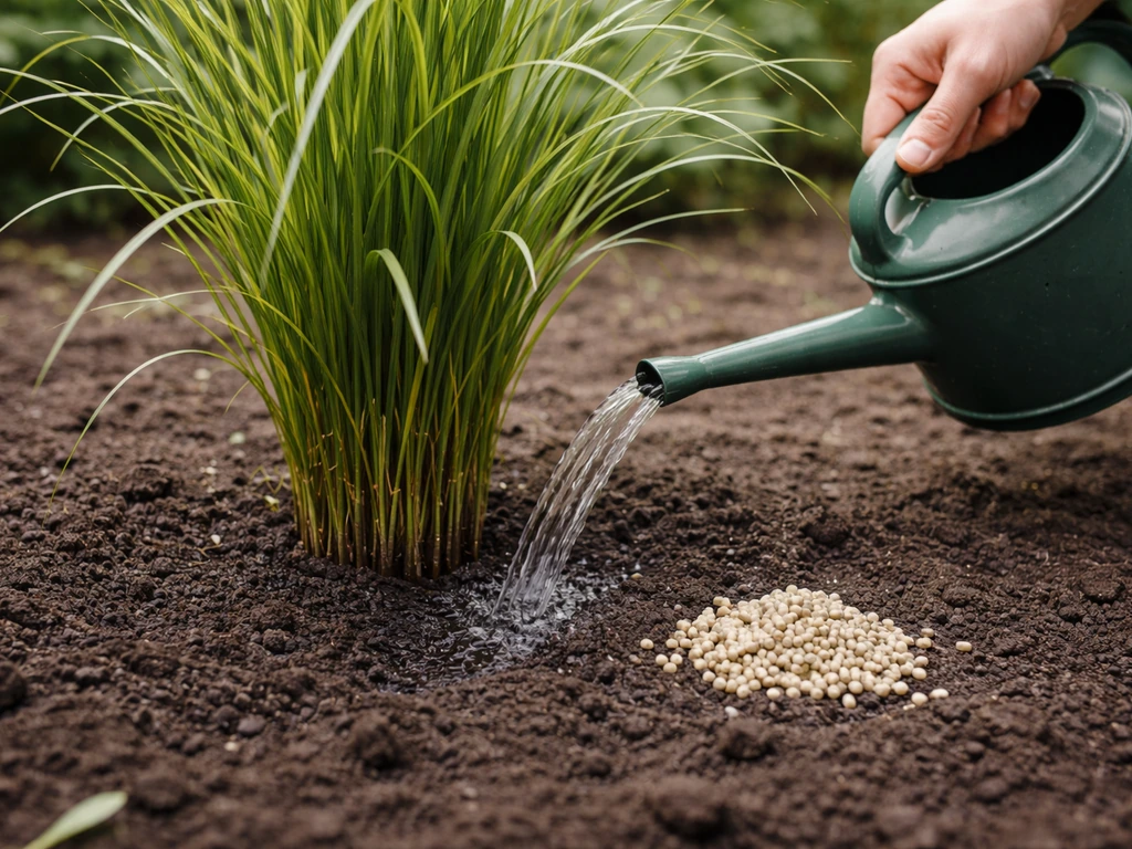 Tuiniergieter bij de voet van miscanthus met mestkorrels op de grond, zorgvuldig en gericht water geven