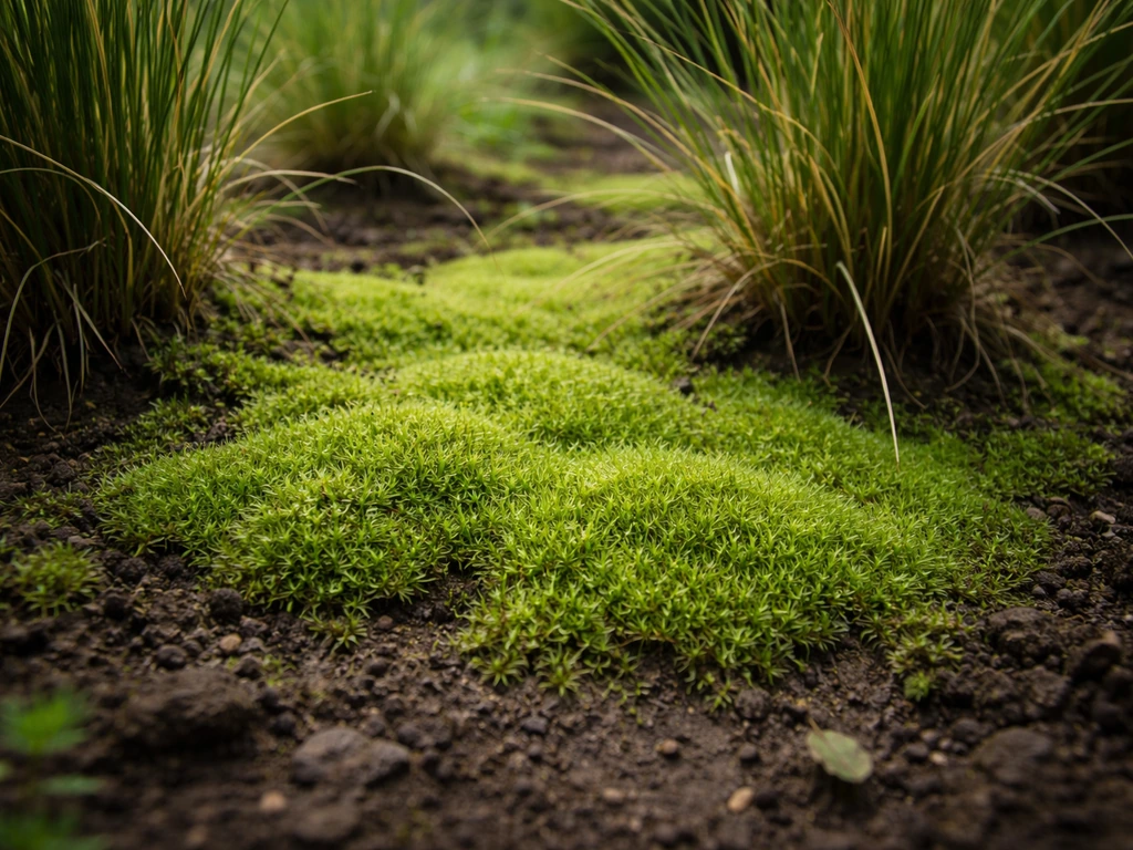 Groen compact mos als tapijt tussen pollen van siergras op een vochtige tuinbodem.