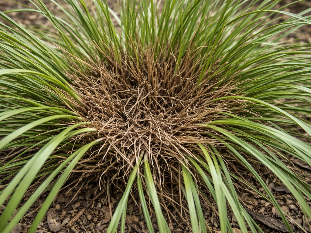 Close-up van een siergraspoll met bruin dood materiaal in de kern en nog groen aan de buitenkant.